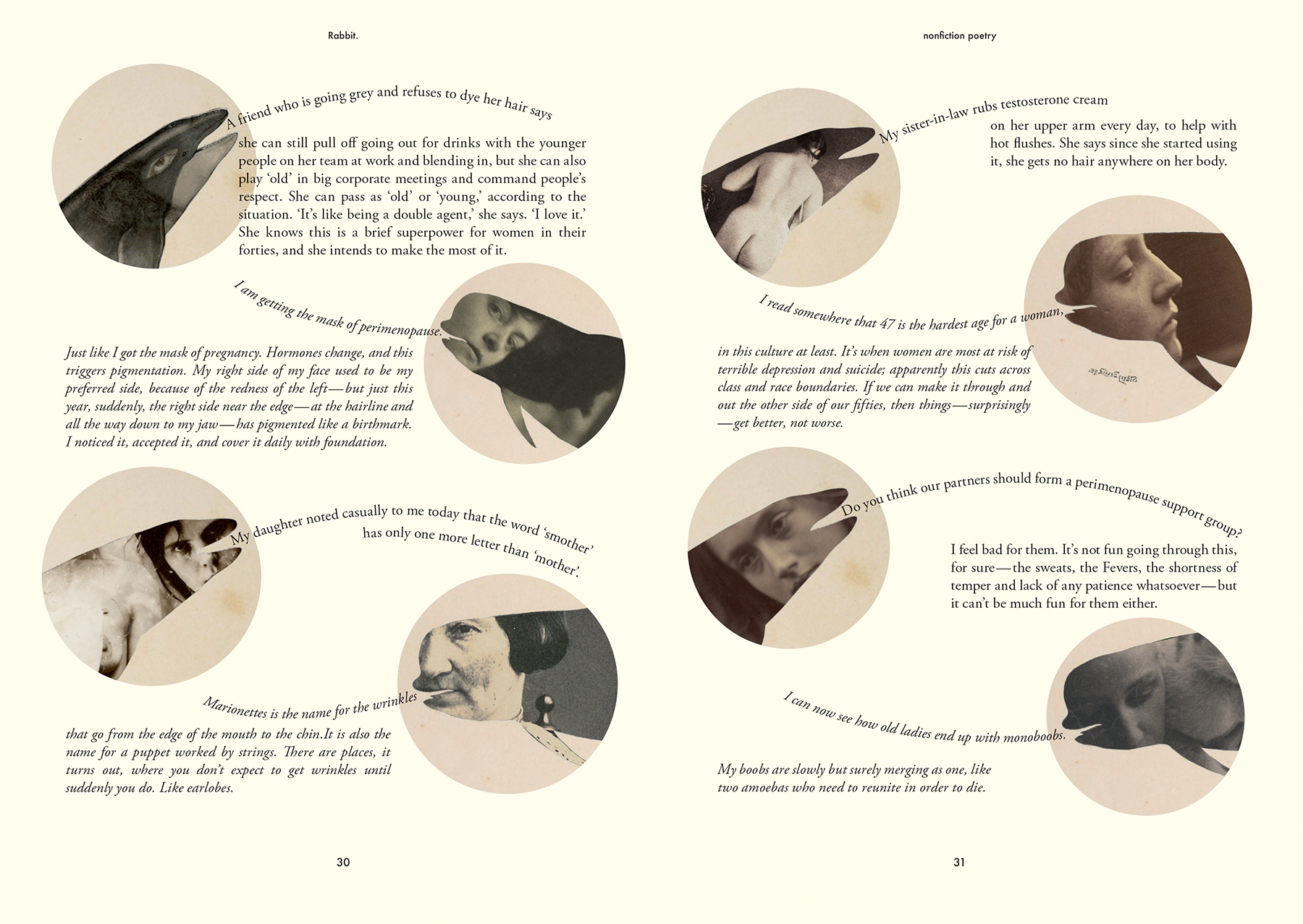 Double page magazine spread, text is a conversation between a killer whale and a short-finned pilot whale about their menopause symptoms. Each whale is represented by an graphic image of the species, with a photograph of a different woman collaged into them.