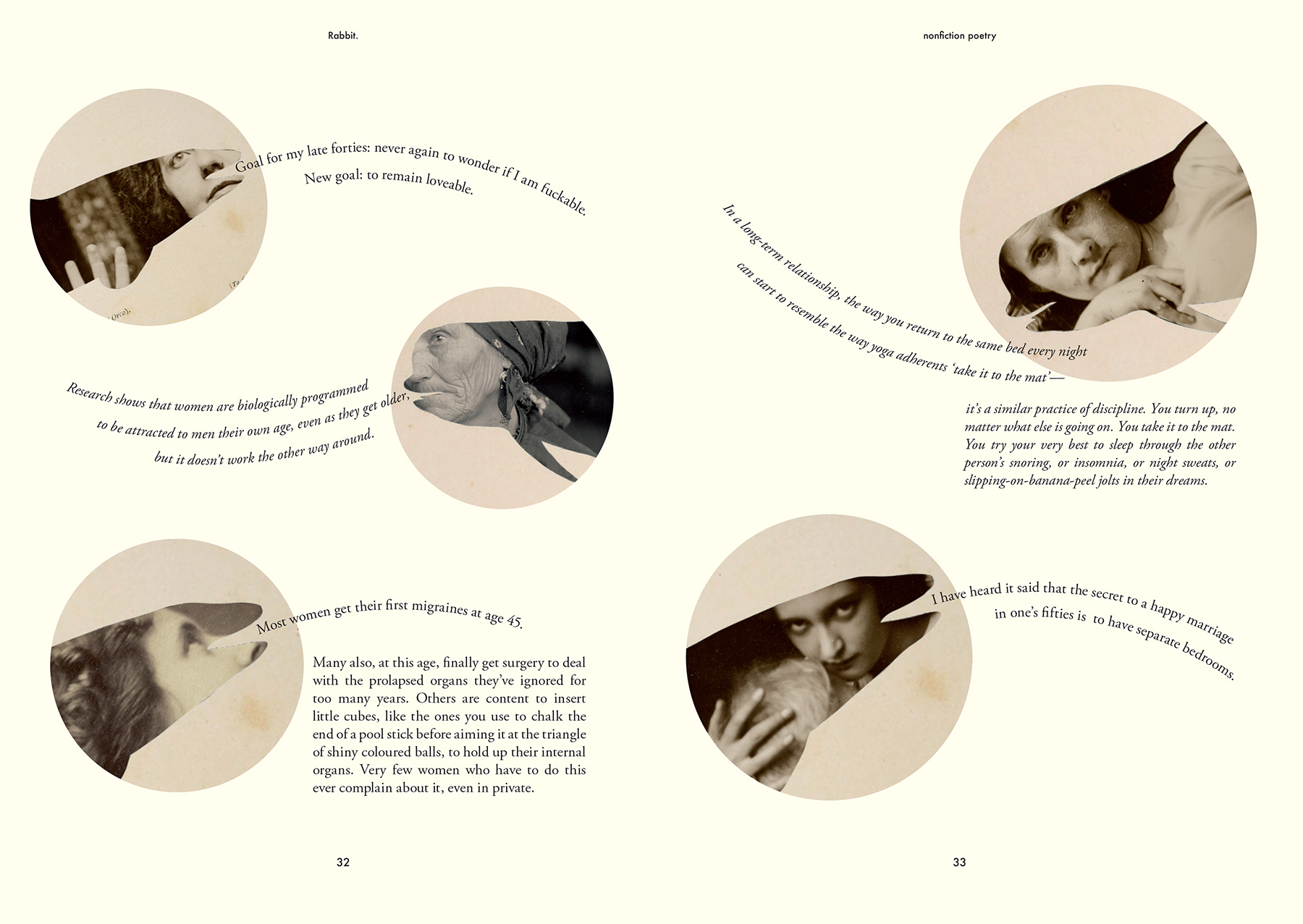 Double page magazine spread, text is a conversation between a killer whale and a short-finned pilot whale about their menopause symptoms. Each whale is represented by an graphic image of the species, with a photograph of a different woman collages into each.