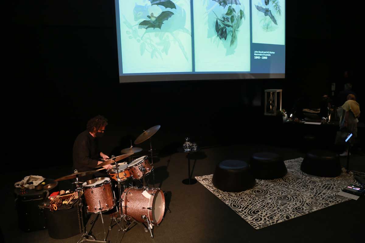 A drummer playing in front of a screen projecting images of bats